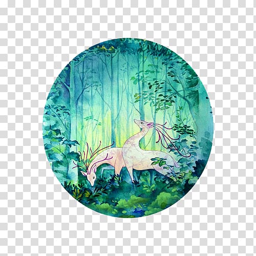 two animal digital , Watercolor painting, Watercolor deer forest transparent background PNG clipart