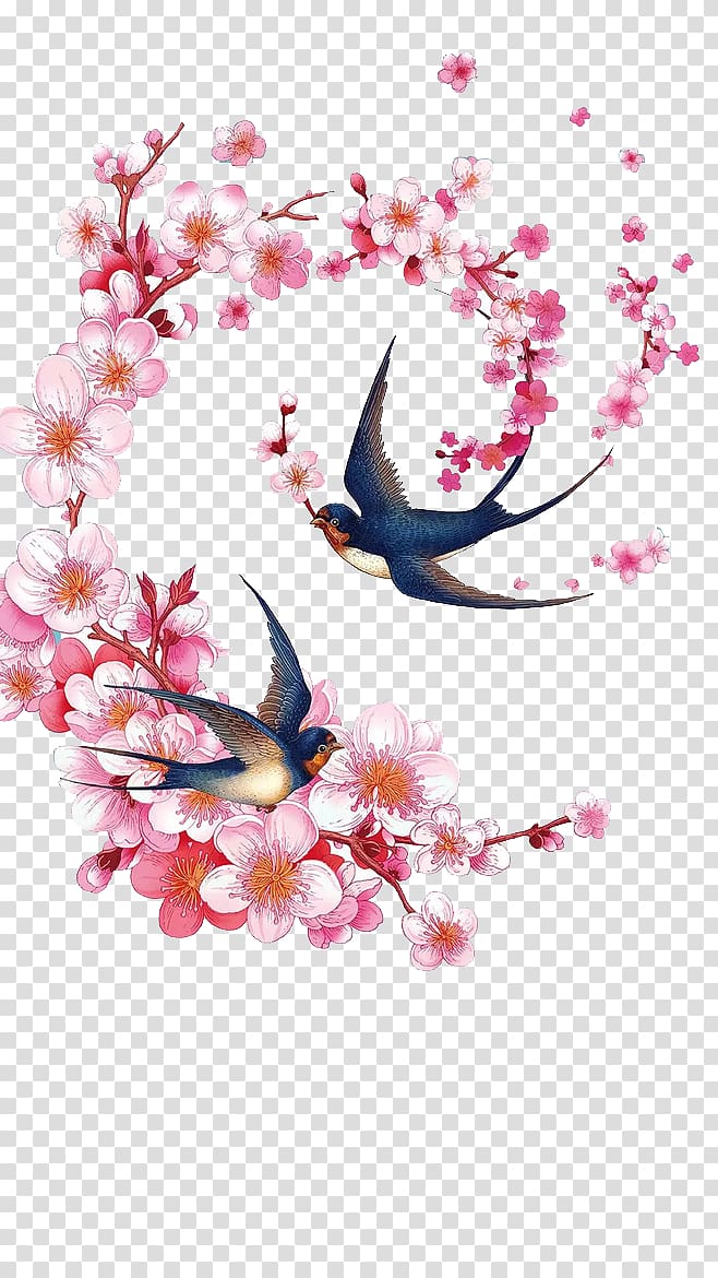 hand-painted peach and swallow transparent background PNG clipart