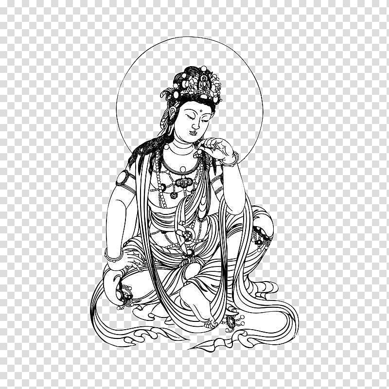 Guanyin Bodhisattva Buddharupa, Black and white portrait of the Goddess of Mercy transparent background PNG clipart