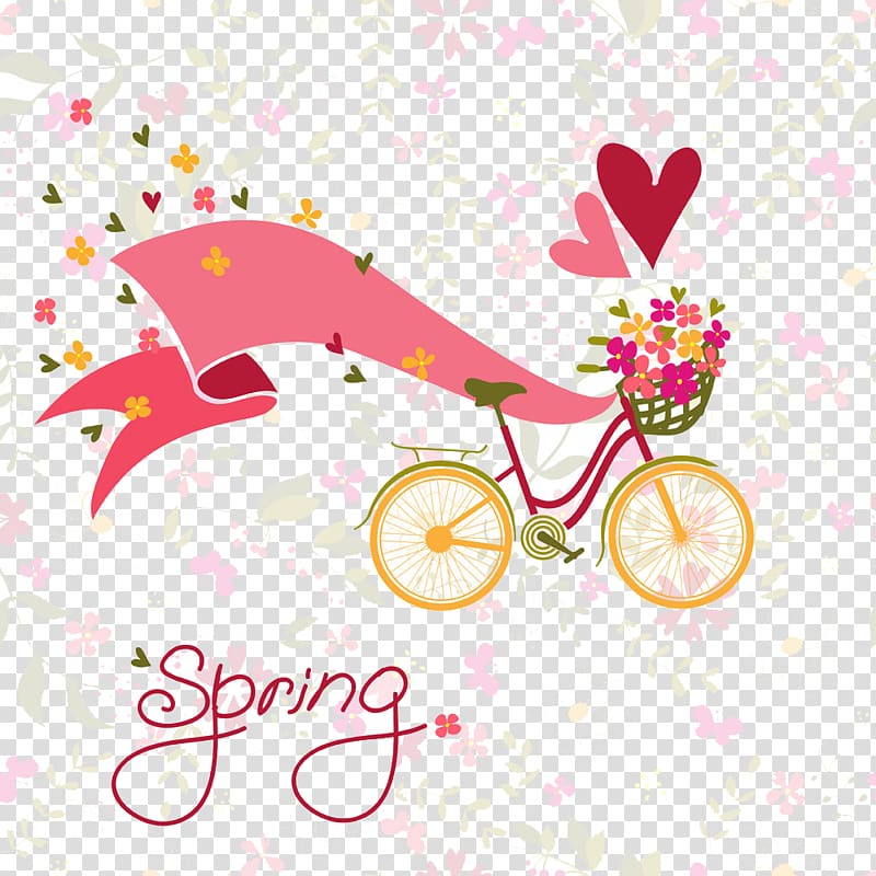 bicycle carrying flowers with spring text overlay, Bicycle Flower Illustration, Bike Ribbon transparent background PNG clipart