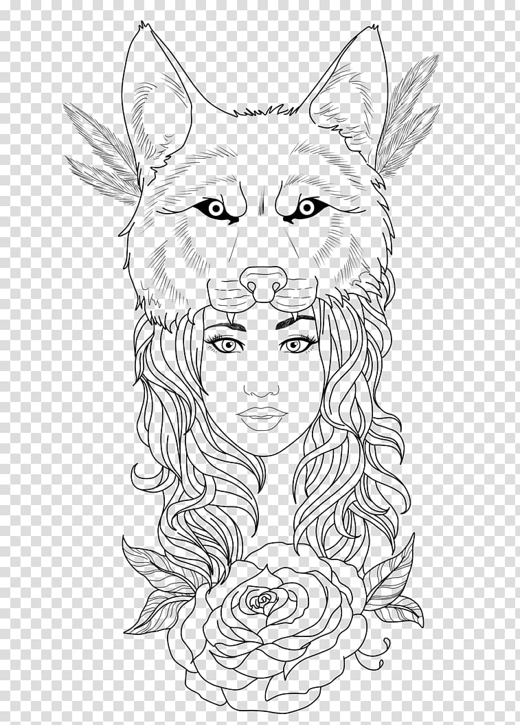 four white dots, Tattoo Woman Wolf transparent background PNG clipart