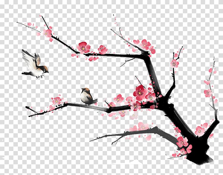 Ink wash painting Plum blossom Bird-and-flower painting, Peach pattern transparent background PNG clipart