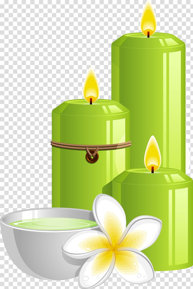 Spa Illustration, green candles and frangipani transparent background PNG clipart