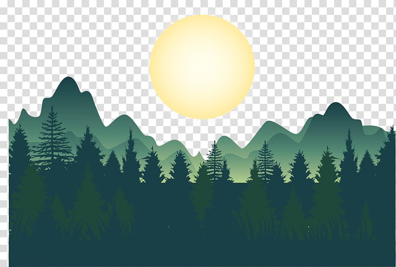 Forest , Night deep forest mountains , green trees, mountain, and moon