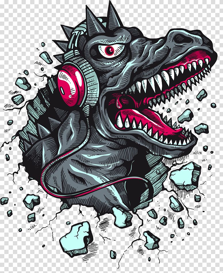 monster with headphones illustration, T-shirt Tyrannosaurus Hoodie Dinosaur Headphones, cartoon dinosaur prints transparent background PNG clipart