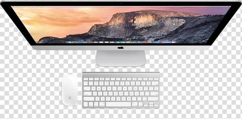 silver iMac setup, Magic Mouse Mac Mini iMac Desktop Computers, top view transparent background PNG clipart