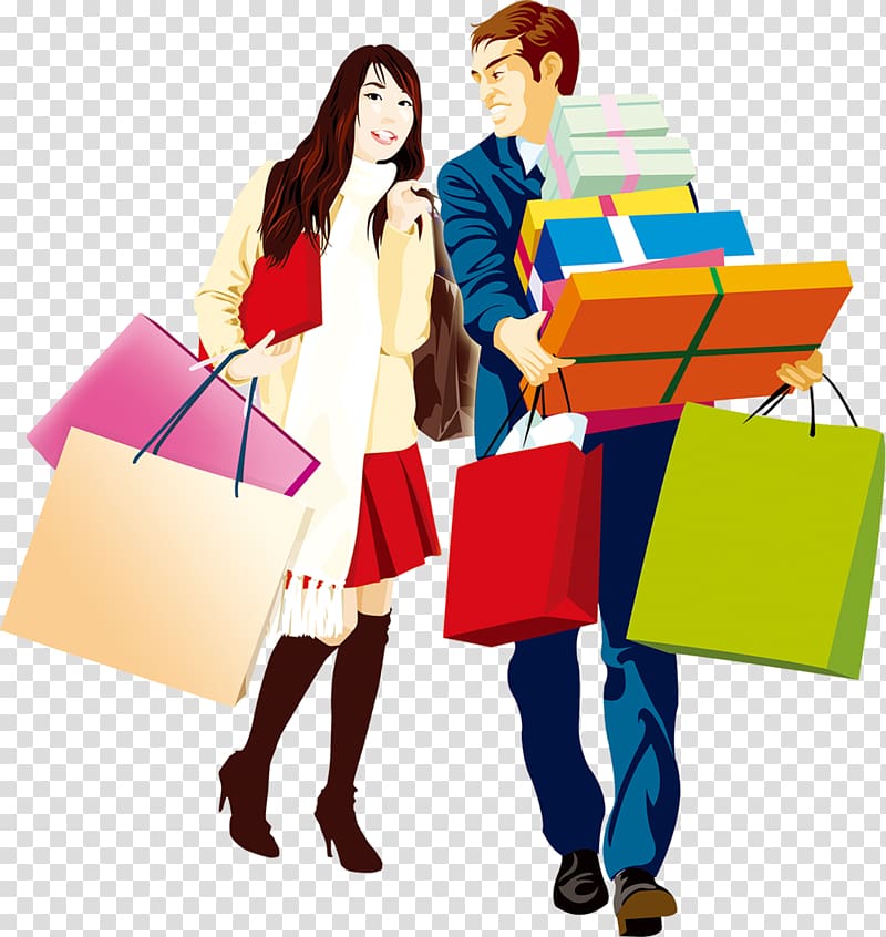 Shopping bag Fashion illustration, fashionable men and women shopping  together transparent background PNG clipart