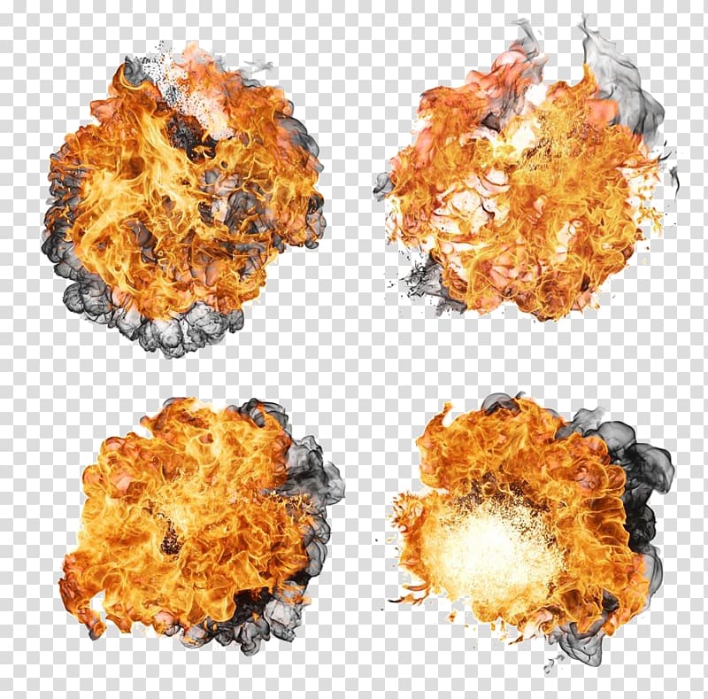 four flames illustration collage, Explosion Flame Fire , Explosive spark black smoke transparent background PNG clipart