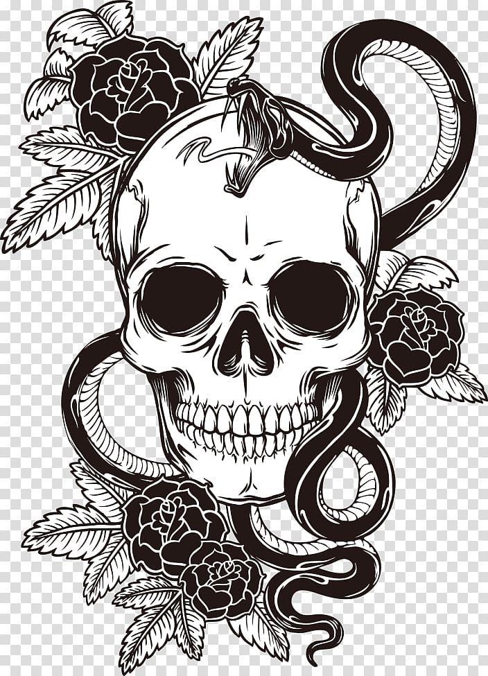 white and black floral skull and snake , Sleeve tattoo T-shirt Skull, Skull Print transparent background PNG clipart