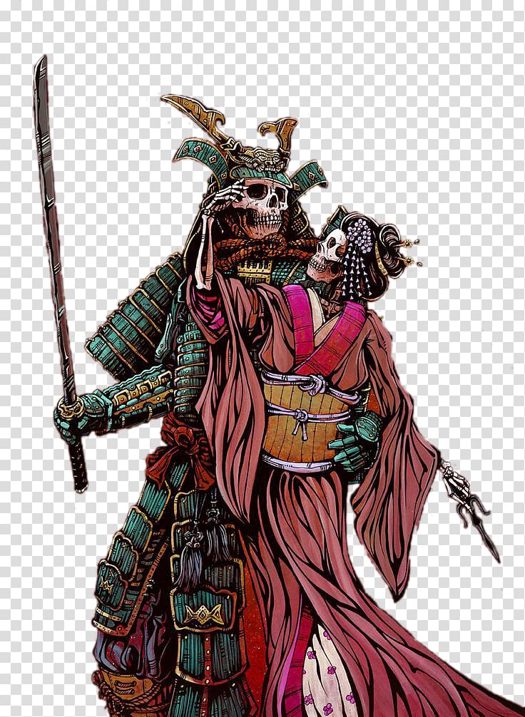 samurai skeleton holding woman , Samurai Drawing Skeleton Warrior Onna-bugeisha, Japanese samurai skull and skeleton bride transparent background PNG clipart