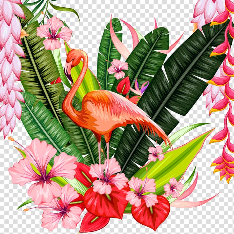 flamingo surrounded by pink flowers, Poster Illustration, Tropical plant material transparent background PNG clipart