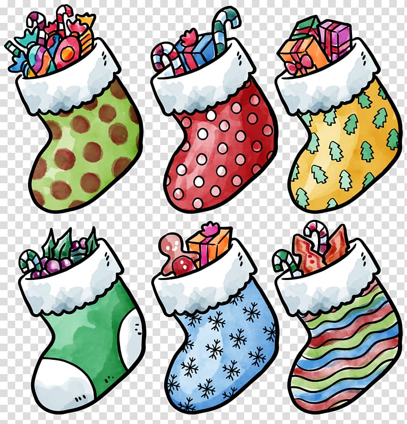 Watercolor painting Christmas Sock, Hand-painted watercolor Christmas socks transparent background PNG clipart