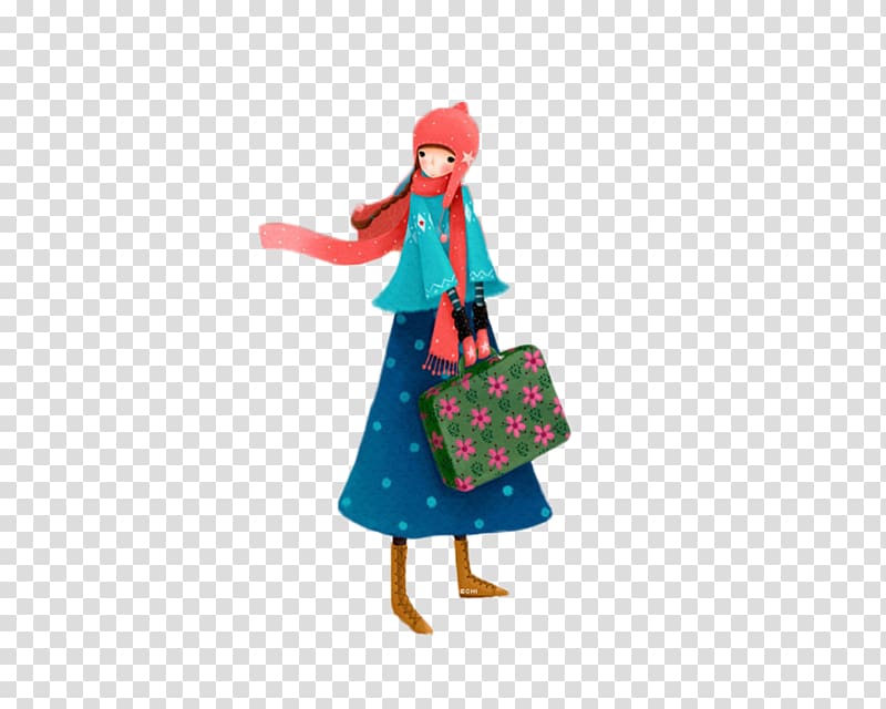 South Korea Illustrator , Hand-painted cartoon girl\'s hand luggage transparent background PNG clipart