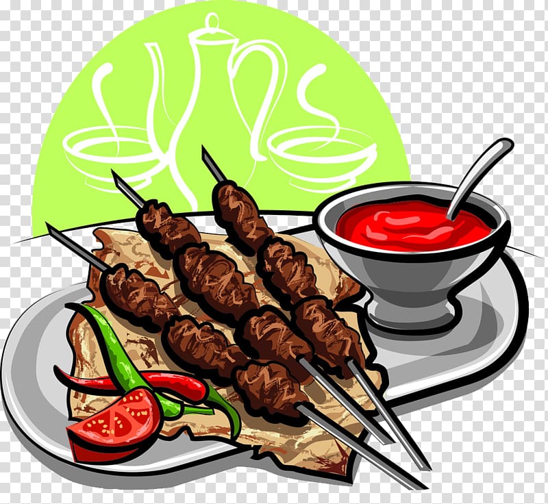 barbecue with sauce in plate , Barbecue Shish kebab Steak Ribs, Barbecue skewers transparent background PNG clipart