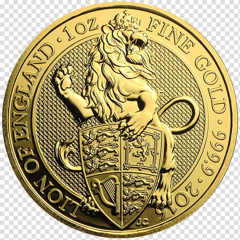 Royal Mint The Queen\'s Beasts Gold Bullion coin, gold coins floating material transparent background PNG clipart