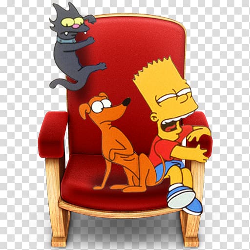 Bart Simpson sitting on chair beside brown dog and grey cat illustration, fictional character chair illustration, Front Row transparent background PNG clipart
