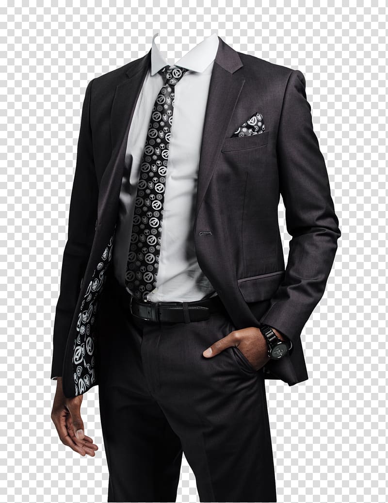 man wearing gray notched lapel jetted pocket blazer and black dress pants while holding his pocket, Hulk Captain America Iron Man Suit Jacket, Black Suit transparent background PNG clipart