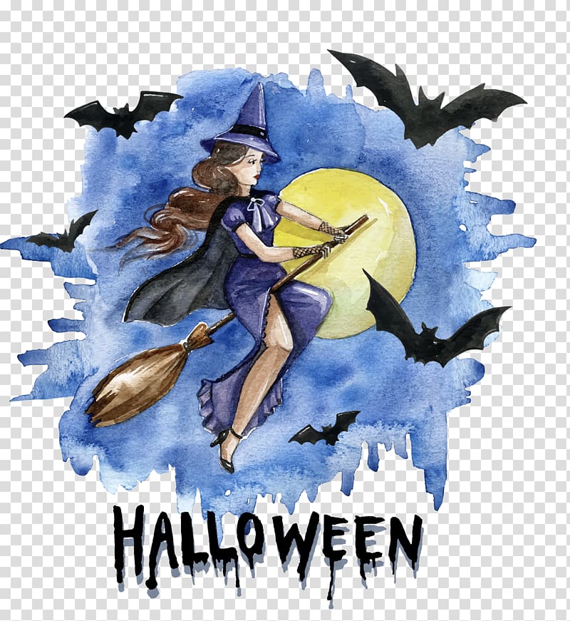 Halloween Watercolor painting Boszorkxe1ny Witchcraft, Drawing Witch transparent background PNG clipart