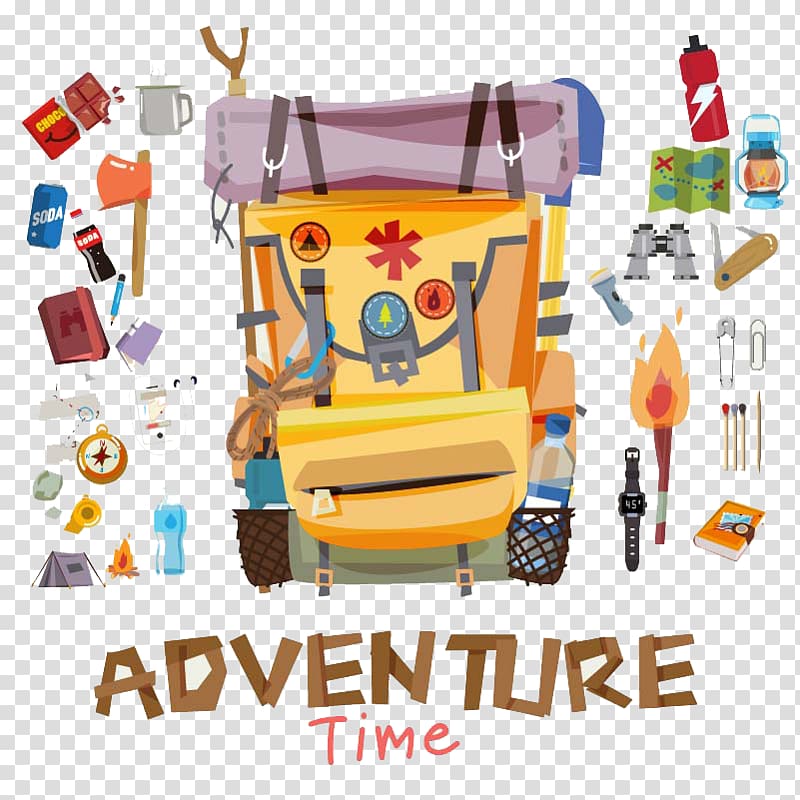 multicolored backpack Adventure time text , Adventure Camping Hiking, Travel Gear transparent background PNG clipart