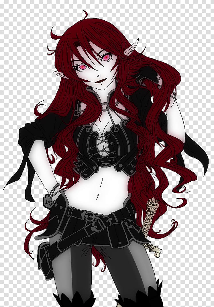 anime girl with long blood red hair