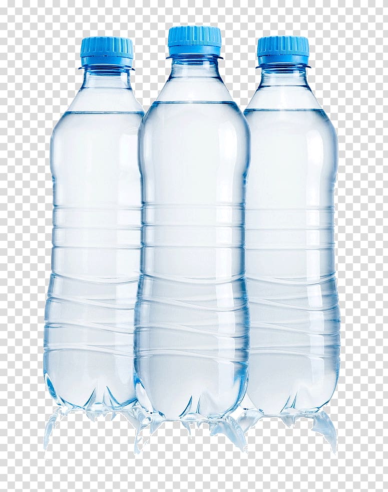 three clear plastic bottles, Mineral water transparent background PNG clipart