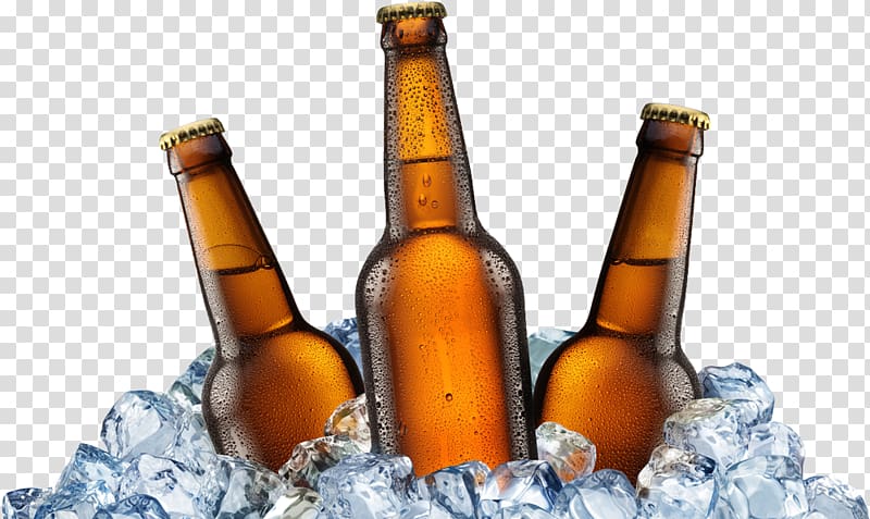 Ice beer Beer bottle, beer, three glass bottle in ice illustration transparent background PNG clipart