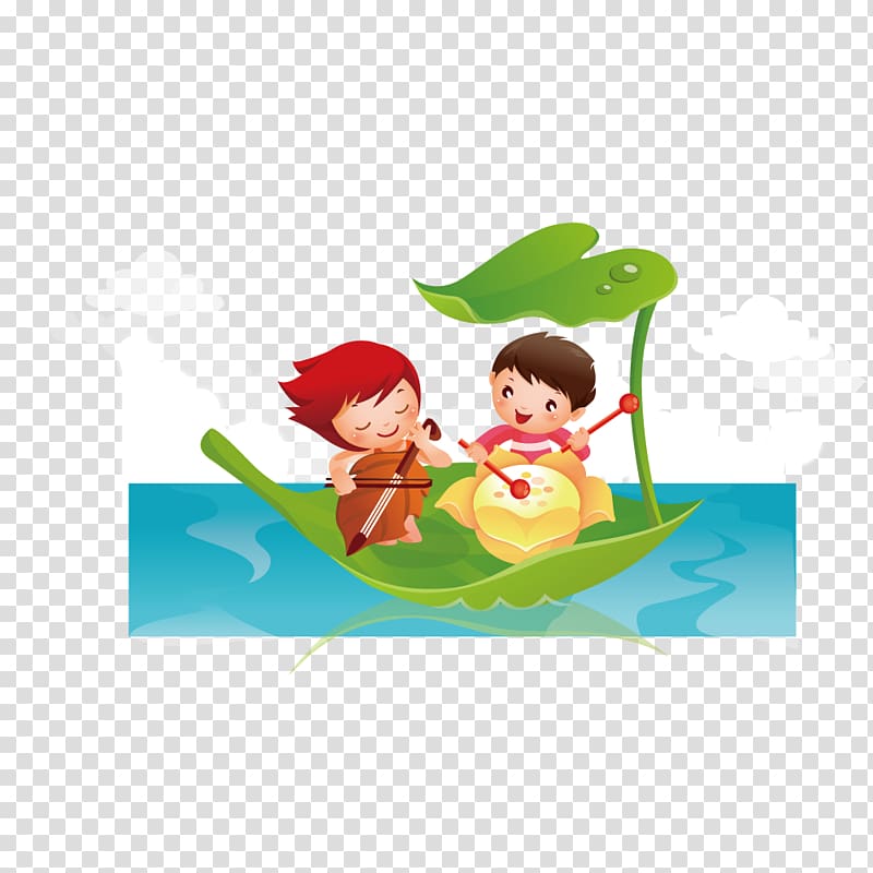 Cartoon Child Illustration, Drums and playing a violin on a lotus leaf boat children transparent background PNG clipart
