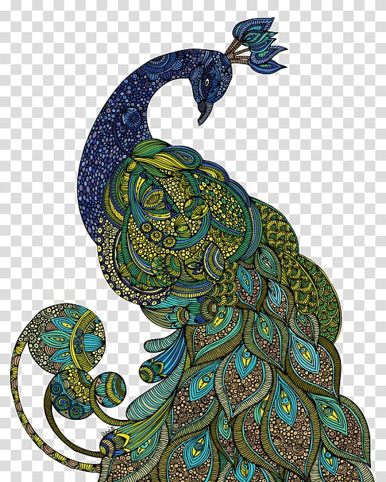 blue and green peacock , Asiatic peafowl Drawing Printmaking Illustration, Blue hand-painted Chinese style peacock transparent background PNG clipart
