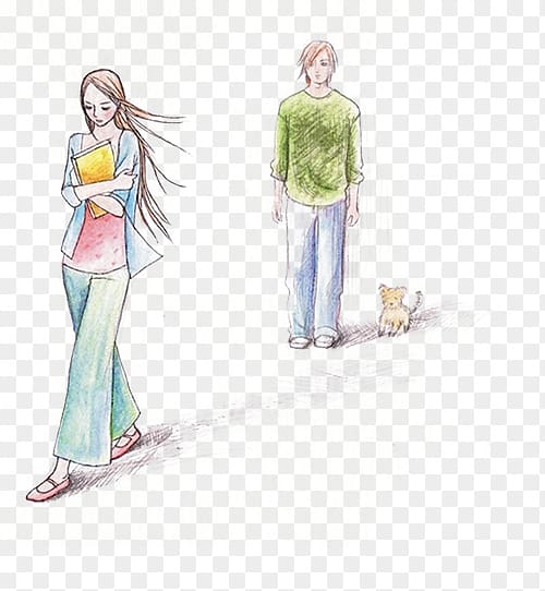 Woman Walking Carrying Book Near Man Standing Near Dog Sketch