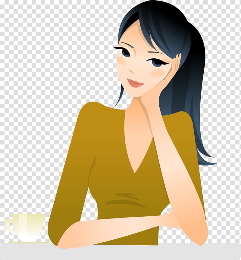 woman illustration, Coffee Tea Drink Cafe, Tuosai Thinking woman material transparent background PNG clipart