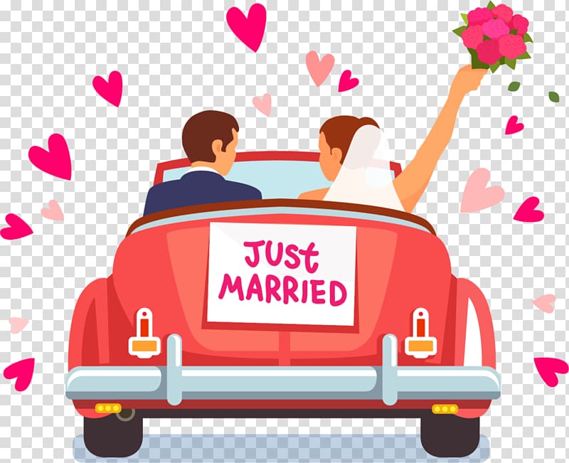 newlywed couple on car , Art Marriage, Just Married transparent background PNG clipart
