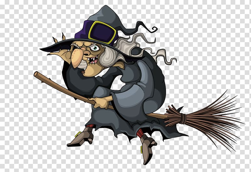 black witch riding on broom illustration, Witchcraft Witchs broom Illustration, Riding on a broom witch material transparent background PNG clipart