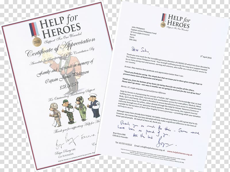 HELP FOR HEROES A5 D Otter House Brand, appreciation certificate transparent background PNG clipart