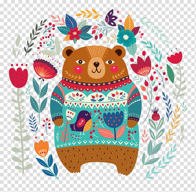 brown bear illustration, Bear Flower Pattern, Bear pattern background transparent background PNG clipart
