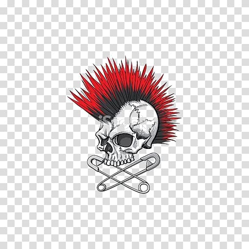 skull with red mohawk hair icon, Punk skull transparent background PNG clipart