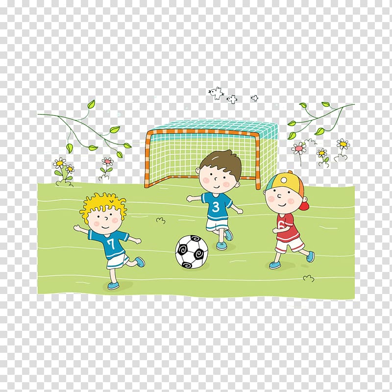 three boy playing soccer , Child Football Cartoon Sport, Play football kids transparent background PNG clipart