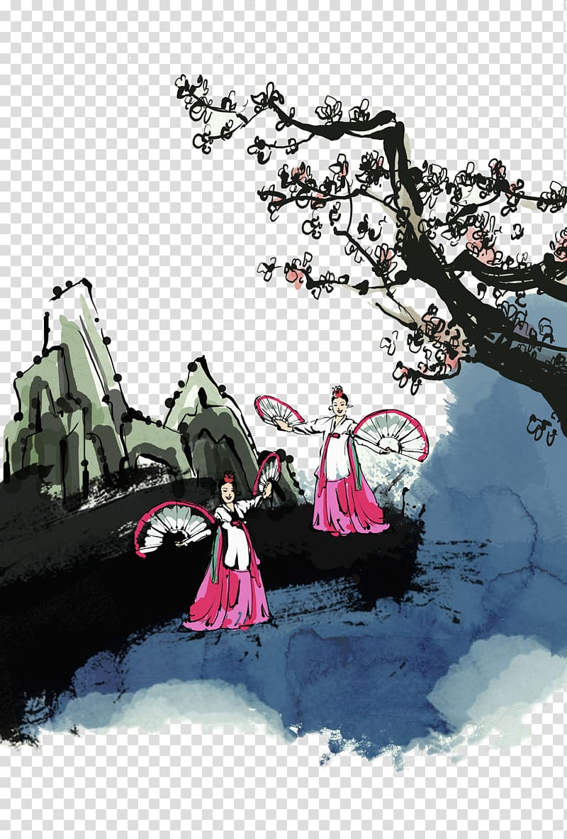 Folk dance Korea Ink wash painting Illustration, The two dancers danced with ink transparent background PNG clipart