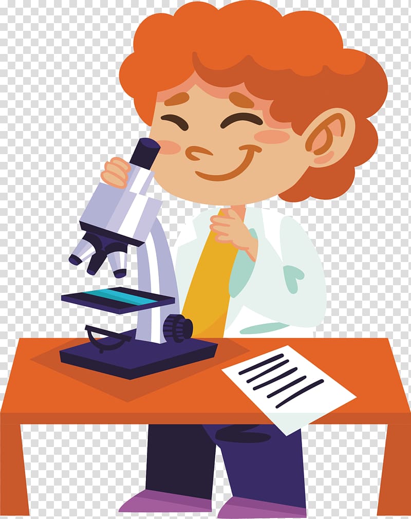 boy standing in front of microscope on table , Experiment Science Illustration, Scientific experiment scientist transparent background PNG clipart