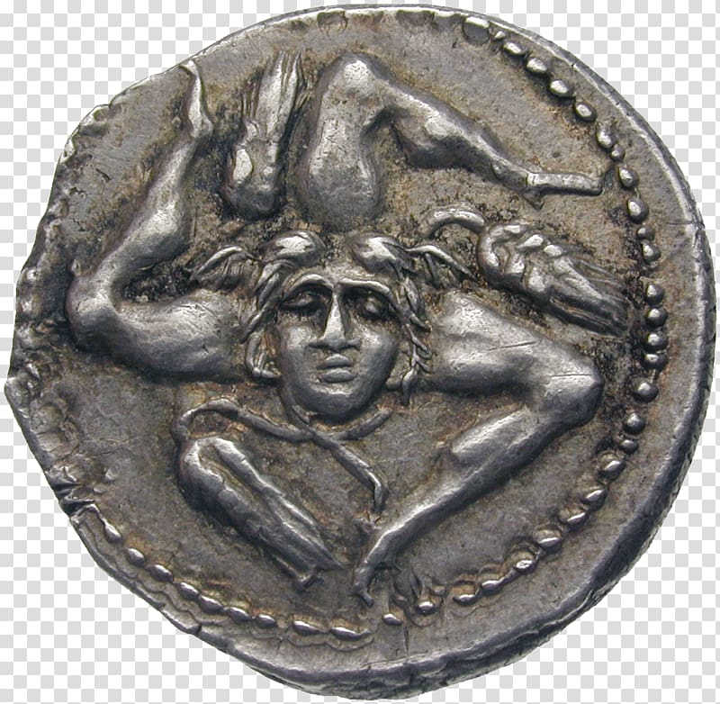 Coin Roman Republic Caesar\'s Civil War Roman Empire Trinacria, messy war ruins transparent background PNG clipart
