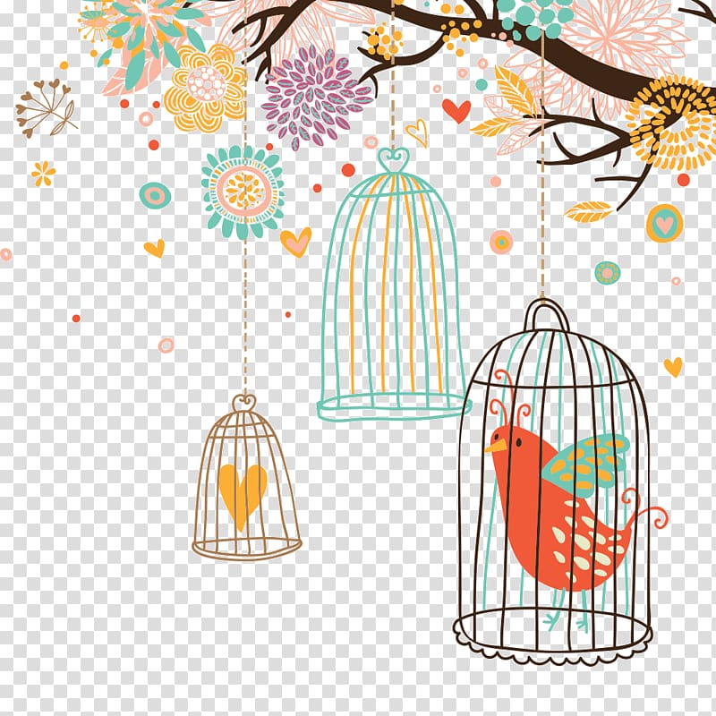 red bird in dome black birdcage illustration, Bird Euclidean Drawing, Hand-painted illustration transparent background PNG clipart