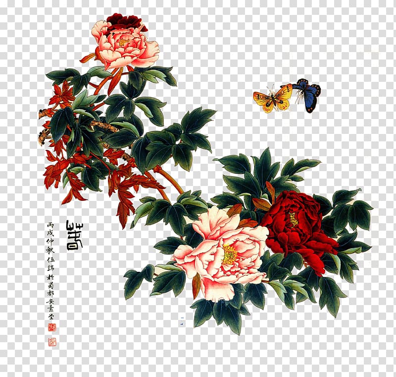 Gongbi Ink wash painting Chinoiserie, Peony painting transparent background PNG clipart