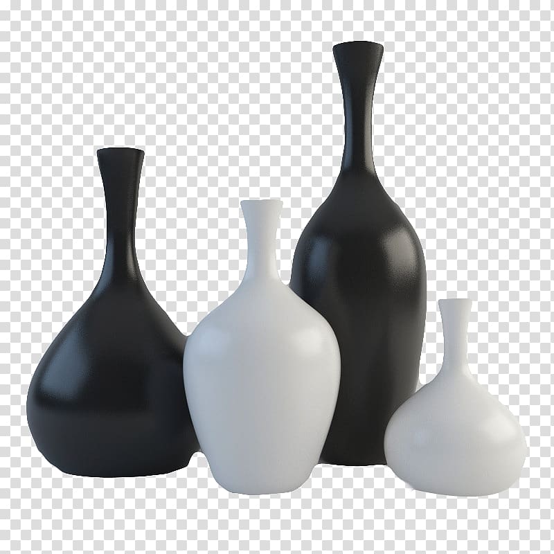 Black and white Vase, Four black and white bottles transparent background PNG clipart