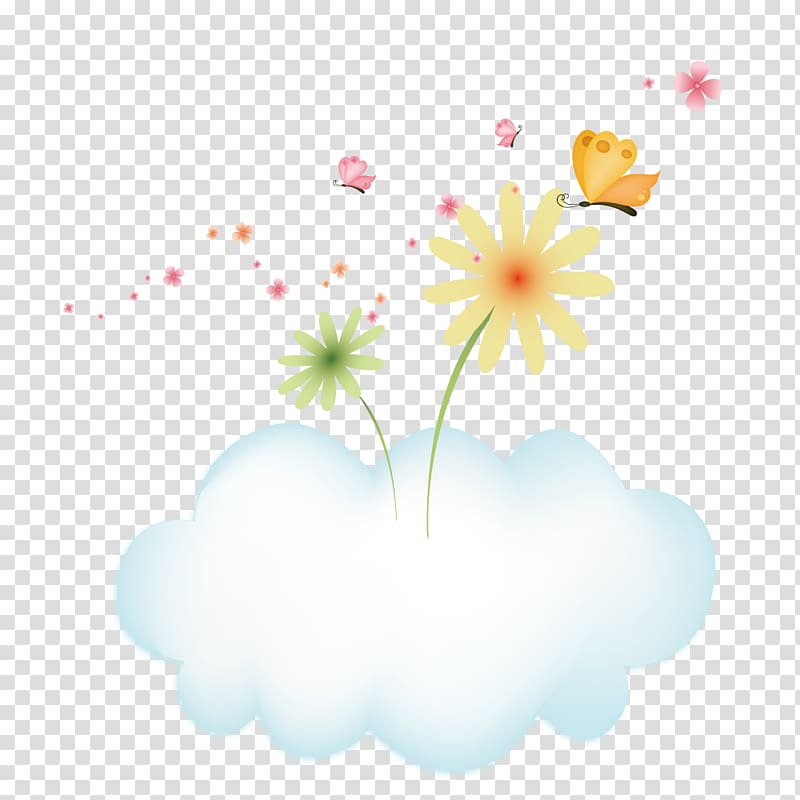 yellow and green flowers and white cloud illustration, Dialect and butterfly on clouds transparent background PNG clipart
