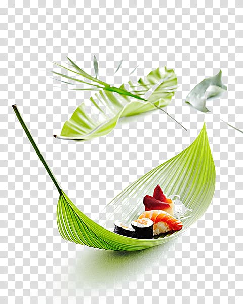 Sushi Japanese Cuisine Asian cuisine Sashimi Food, Lotus leaf filled with sushi transparent background PNG clipart