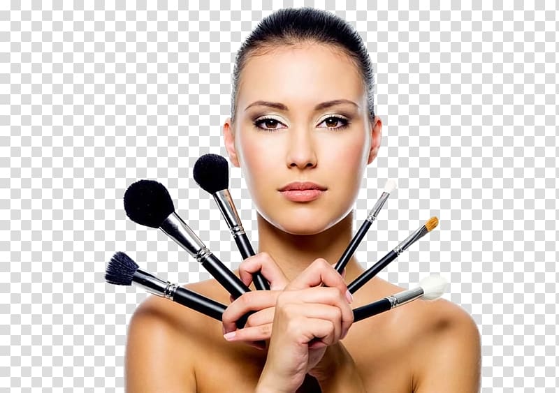 woman holding six makeup brushes, Cosmetics Eye Shadow Make-up artist Female Makeup brush, makeup transparent background PNG clipart