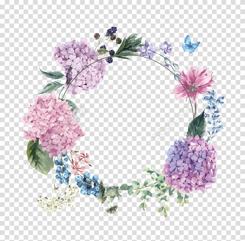 floral wreath, Flower Watercolor painting Floral design, pink hydrangea transparent background PNG clipart