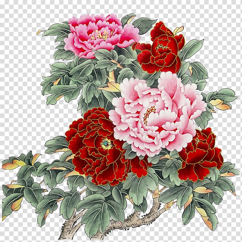 pink, red, and green flowers , Phnom Penh La pintura china Garden roses Chinese painting, A Chinese traditional painting of Phnom Penh Peony transparent background PNG clipart