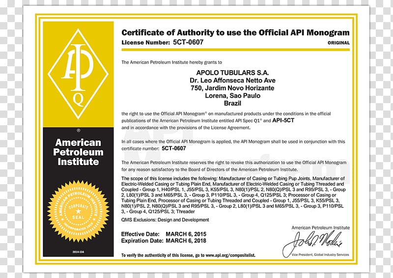 Tri-Star Industries American Petroleum Institute Certification ISO 9000 Quality management system, Tubular transparent background PNG clipart