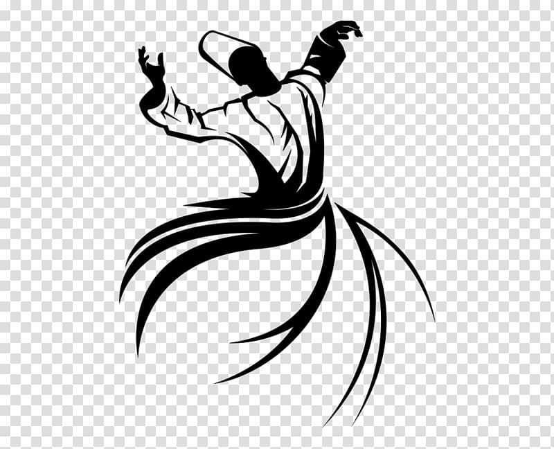 white and black Dervish dance illustration, Islamic art Calligraphy Sufi whirling Dervish, meditation transparent background PNG clipart