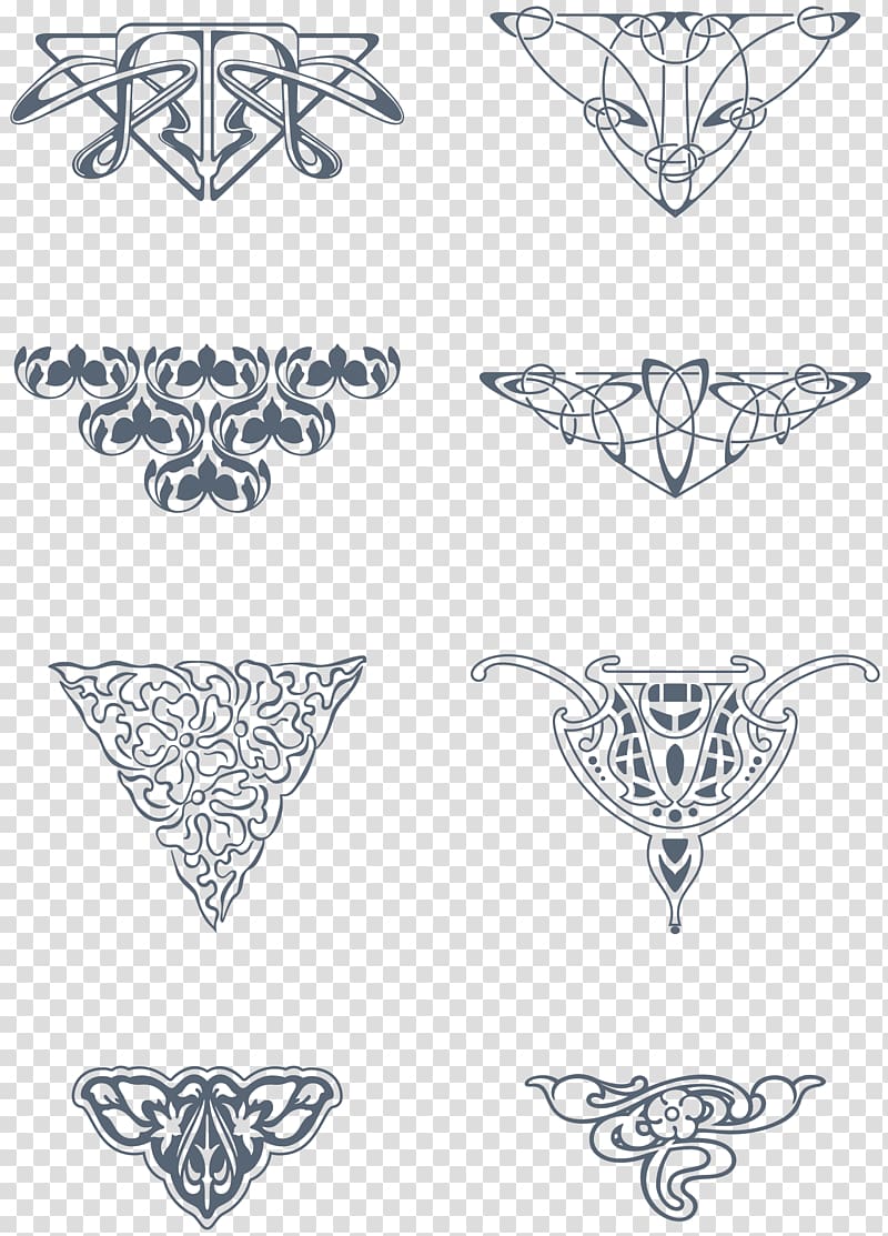 eight black art design artwork, Art Nouveau Ornaments, floral ornament transparent background PNG clipart